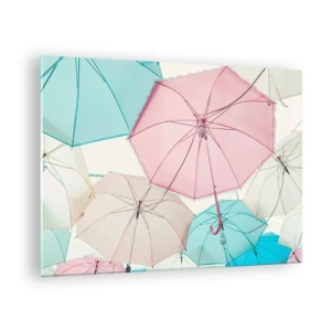 Quadro su vetro - Ombrelli colorati che fluttuano nell'aria - 70x50cm - A volte sole, a volte pioggia - Decorazione murale moderna per soggiorno e camera da letto ARTTOR