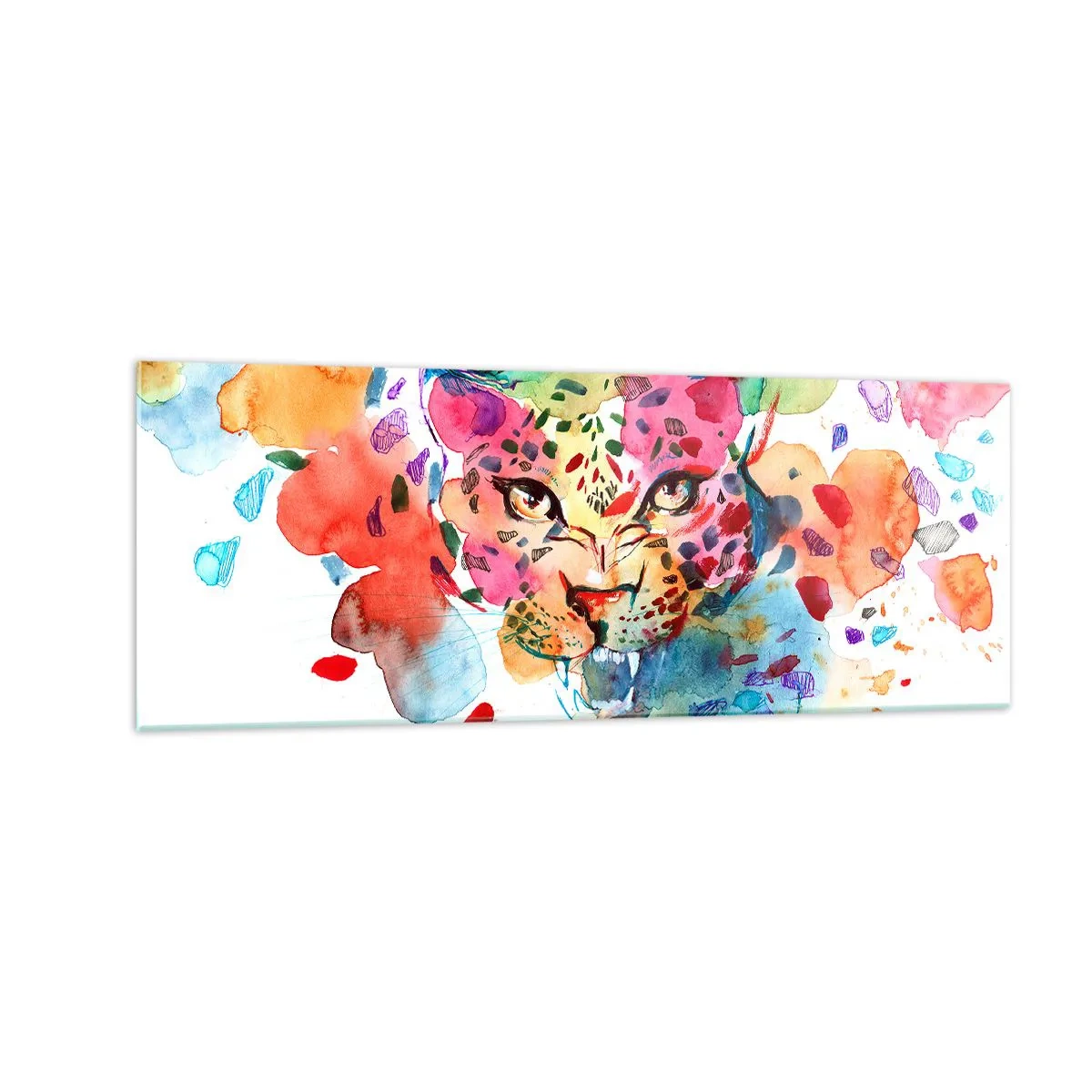 Quadro su vetro - Ritratto astratto di un leopardo dai colori intensi - 140x50cm - La bella e la bestia - Decorazione murale moderna per soggiorno e camera da letto ARTTOR