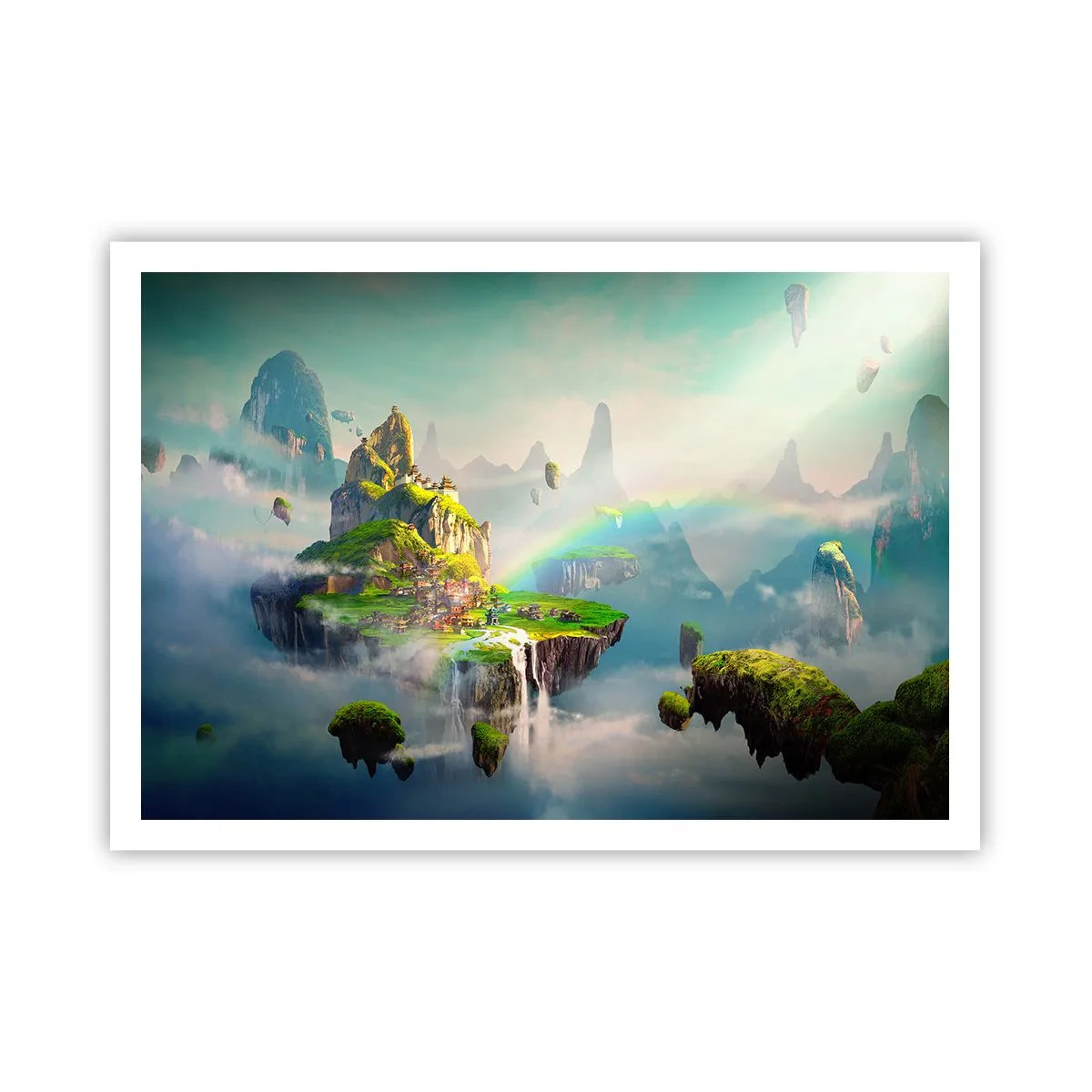 Poster - Isole volanti tra le nuvole con un arcobaleno all'orizzonte - 100x70cm - In mezzo al cielo: isole fortunate - Decorazione murale moderna per soggiorno e camera da letto ARTTOR