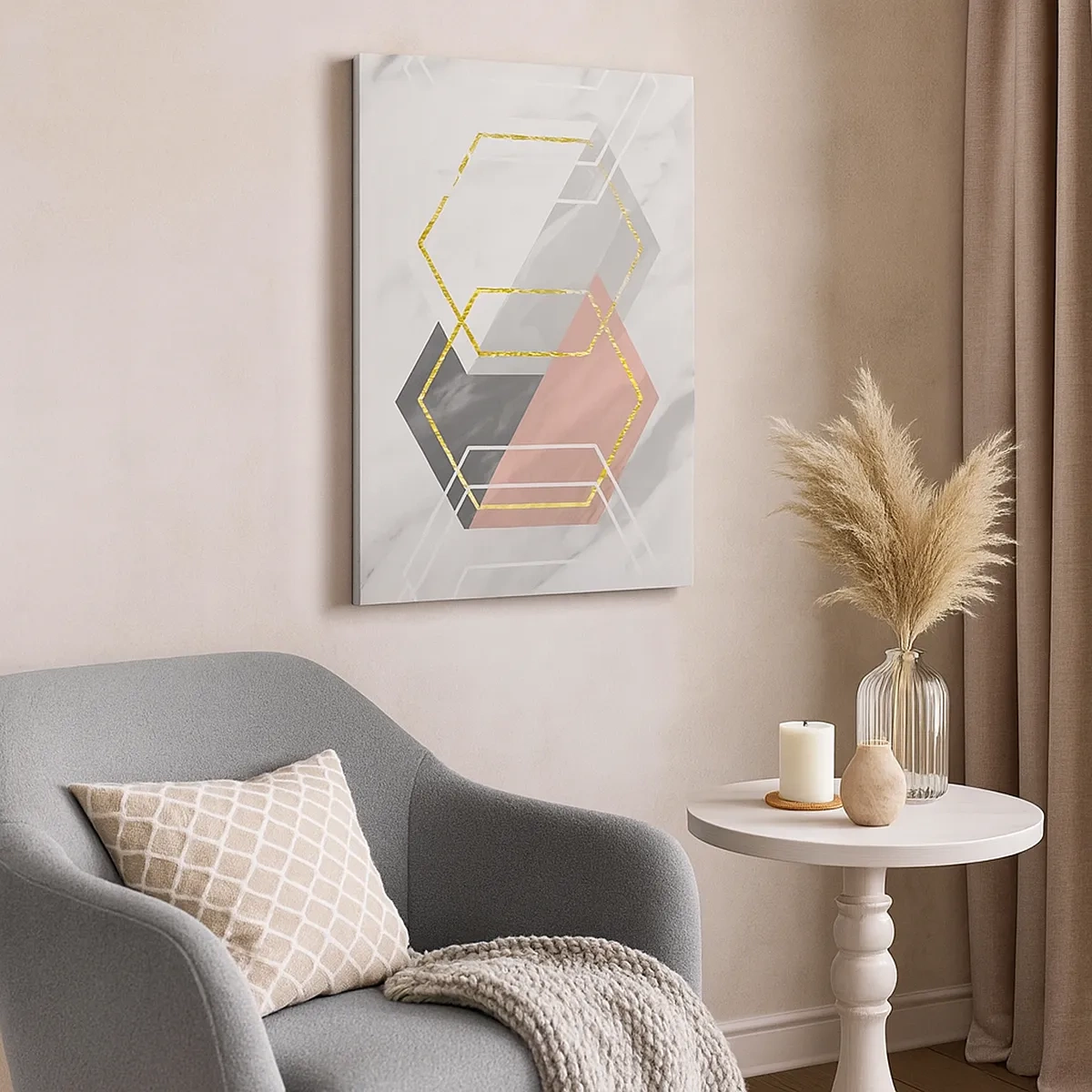 Quadro su tela - Stampe su Tela - Figure geometriche con accenti in oro e marmo - 50x70cm - Composizione a catena - Decorazione murale moderna per soggiorno e camera da letto ARTTOR