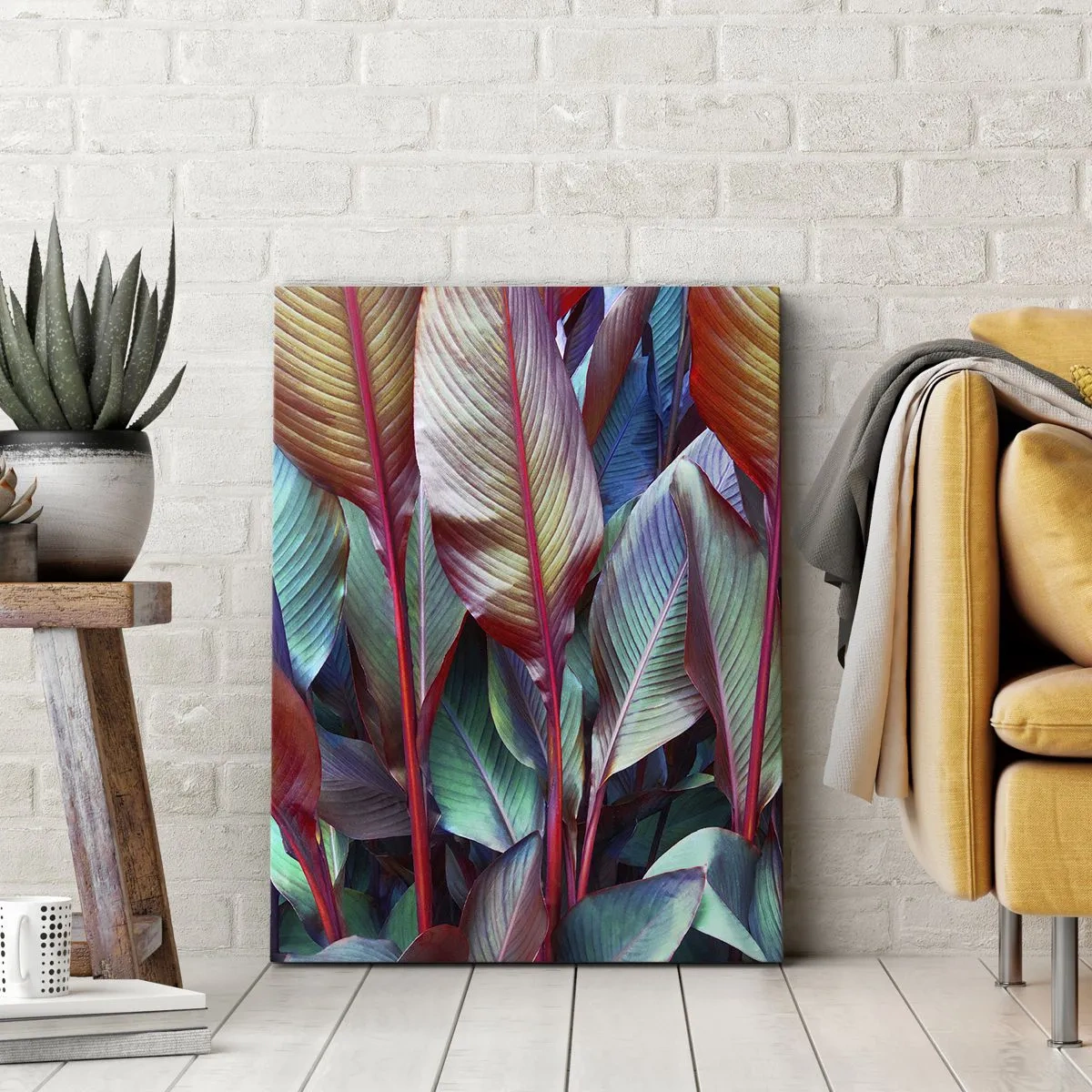 Quadro su tela - Stampe su Tela - Foglie colorate di piante tropicali nel folto - 80x120cm - Selva colorata - Decorazione murale moderna per soggiorno e camera da letto ARTTOR