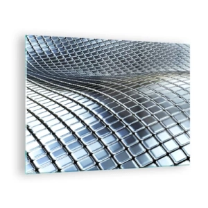 Quadro su vetro - Superficie astratta con quadrati di metallo lucido - 70x50cm - Onda metallica argentea - Decorazione murale moderna per soggiorno e camera da letto ARTTOR