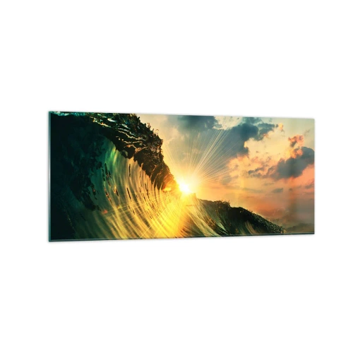 Quadro su vetro - Un'onda con il sole al tramonto e le nuvole illuminate - 120x50cm - Surfista, dove sei? - Decorazione murale moderna per soggiorno e camera da letto ARTTOR