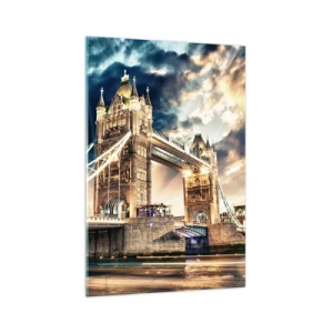 Quadro su vetro - Tower Bridge al tramonto contro un cielo dinamico - 70x100cm - Il monumento dell'impero britannico - Decorazione murale moderna per soggiorno e camera da letto ARTTOR