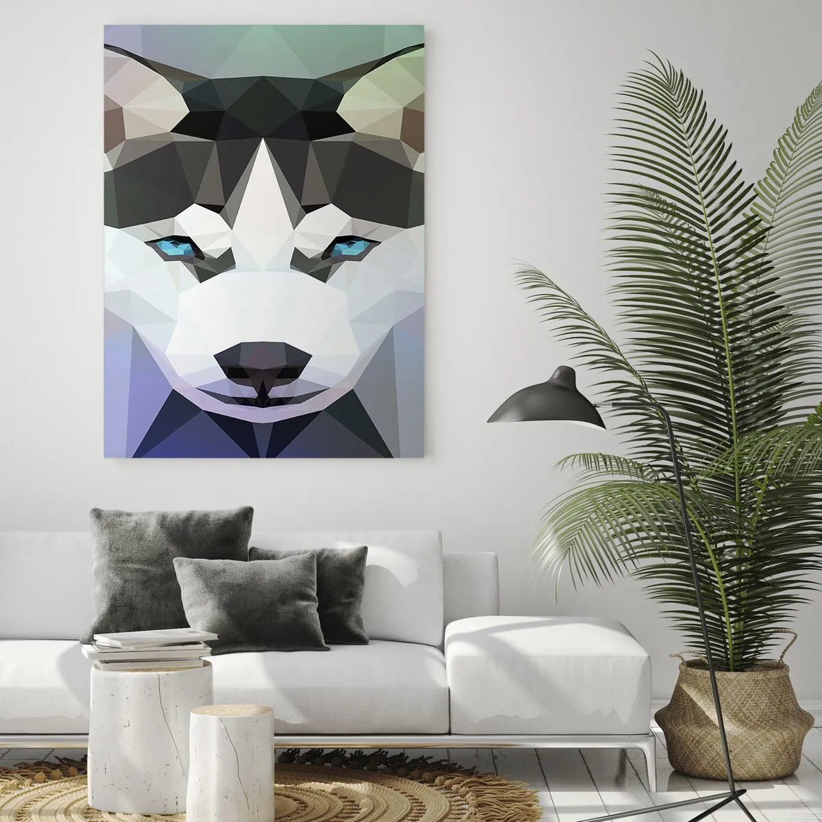 Quadro su vetro - Lupo geometrico con espressivi occhi azzurri - 80x120cm - Ricordo delle nevi del nord - Decorazione murale moderna per soggiorno e camera da letto ARTTOR