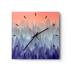 Orologio da parete - Orologio in Vetro - Una foresta nebbiosa nei toni del viola e dell'arancione - 30x30cm - Alto, più in alto, fino al cielo - Decorazione murale moderna per soggiorno e camera da letto ARTTOR