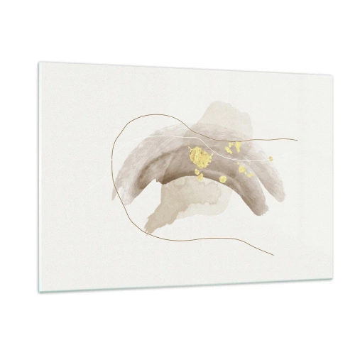Quadro su vetro - Astrazione beige e oro con linee e forme delicate - 120x80cm - Incontro nello spazio - Decorazione murale moderna per soggiorno e camera da letto ARTTOR