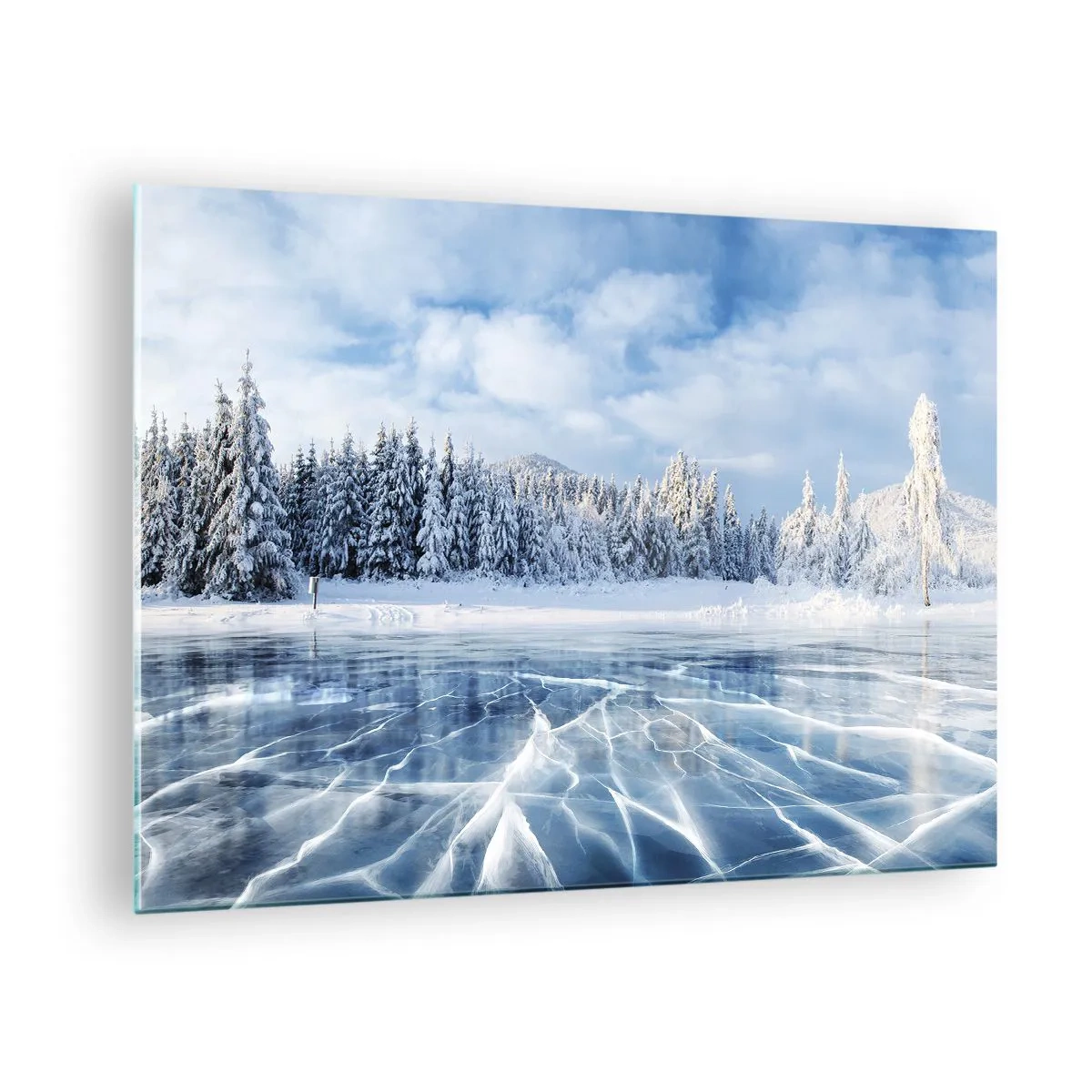 Quadro su vetro - Un lago ghiacciato circondato da una foresta invernale - 70x50cm - Vista lucente e cristallina - Decorazione murale moderna per soggiorno e camera da letto ARTTOR