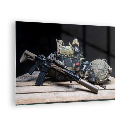 Quadro su vetro - Equipaggiamento tattico e armi disposte su un tavolo di legno - 70x50cm - Riposo! - Decorazione murale moderna per soggiorno e camera da letto ARTTOR