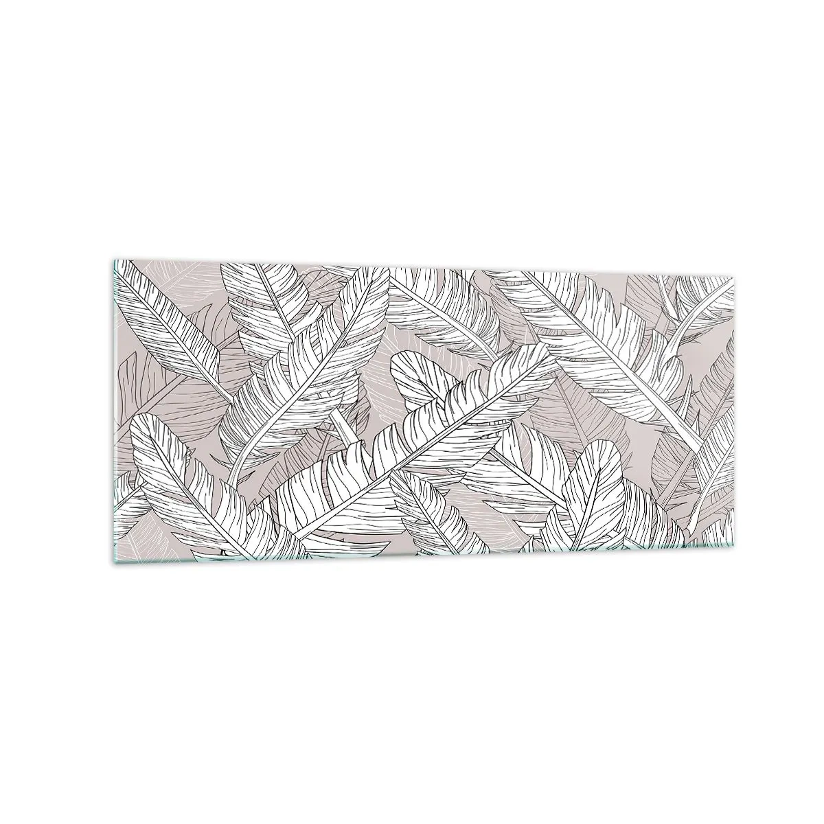 Quadro su vetro - Motivo in bianco e nero con foglie di banano su sfondo chiaro - 120x50cm - Vortice di piume - Decorazione murale moderna per soggiorno e camera da letto ARTTOR