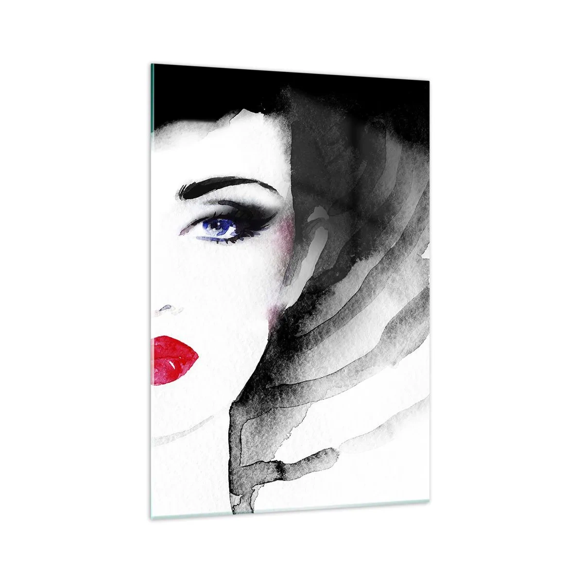 Quadro su vetro - Ritratto di una donna con labbra rosse e occhi azzurri intensi - 70x100cm - Respinge e richiama - Decorazione murale moderna per soggiorno e camera da letto ARTTOR