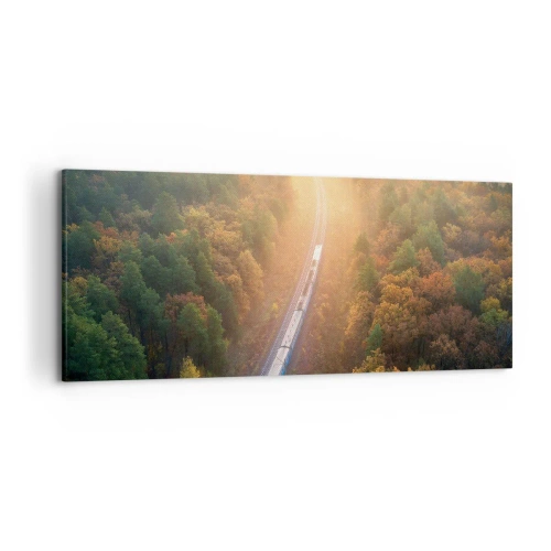 Quadro su tela - Stampe su Tela - Un treno in una foresta autunnale all'alba - 120x50cm - Viaggio autunnale - Decorazione murale moderna per soggiorno e camera da letto ARTTOR