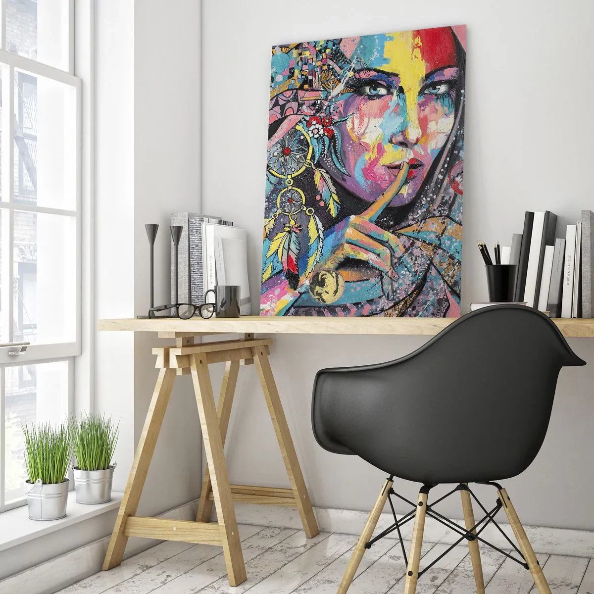 Quadro su vetro - Volto femminile colorato in stile artistico - 70x100cm - Taci, finché capirai - Decorazione murale moderna per soggiorno e camera da letto ARTTOR
