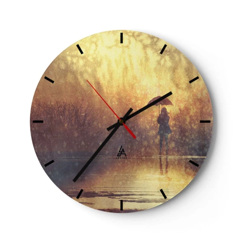 Orologio da parete - Orologio in Vetro - Una figura con un ombrello sullo sfondo di pioggia e luce calda - 30x30cm - Sento che qualcuno mi guarda - Decorazione murale moderna per soggiorno, cucina e camera da letto ARTTOR