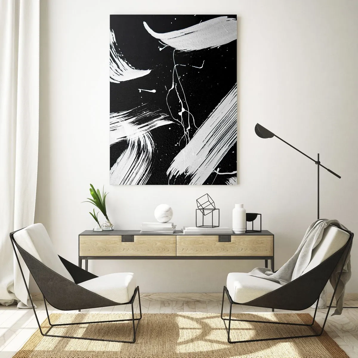 Quadro su vetro - Pennellate bianche su sfondo nero - 50x70cm - Spezzando l'oscurità - Decorazione murale moderna per soggiorno e camera da letto ARTTOR