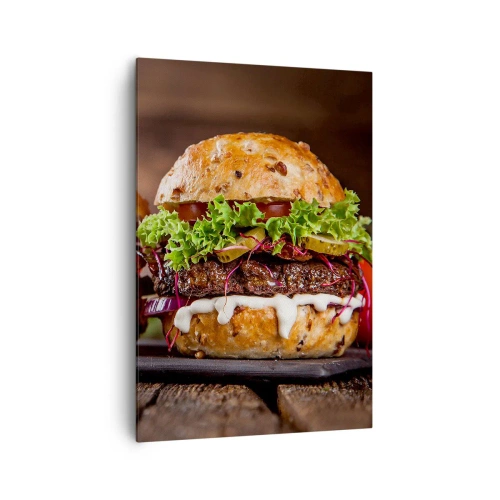 Quadro su tela - Stampe su Tela - Appetitosi hamburger con verdure e salsa - 70x100cm - American dream - Decorazione murale moderna per soggiorno e camera da letto ARTTOR