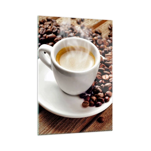 Quadro su vetro - Una tazza di caffè circondata da chicchi su un tavolo di legno - 50x70cm - Il caffè è pronto - Decorazione murale moderna per soggiorno e camera da letto ARTTOR