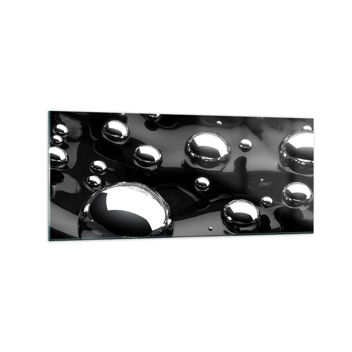 Quadro su vetro - Gocce astratte su una superficie nera - 120x50cm - Toni di nero - Decorazione murale moderna per soggiorno e camera da letto ARTTOR