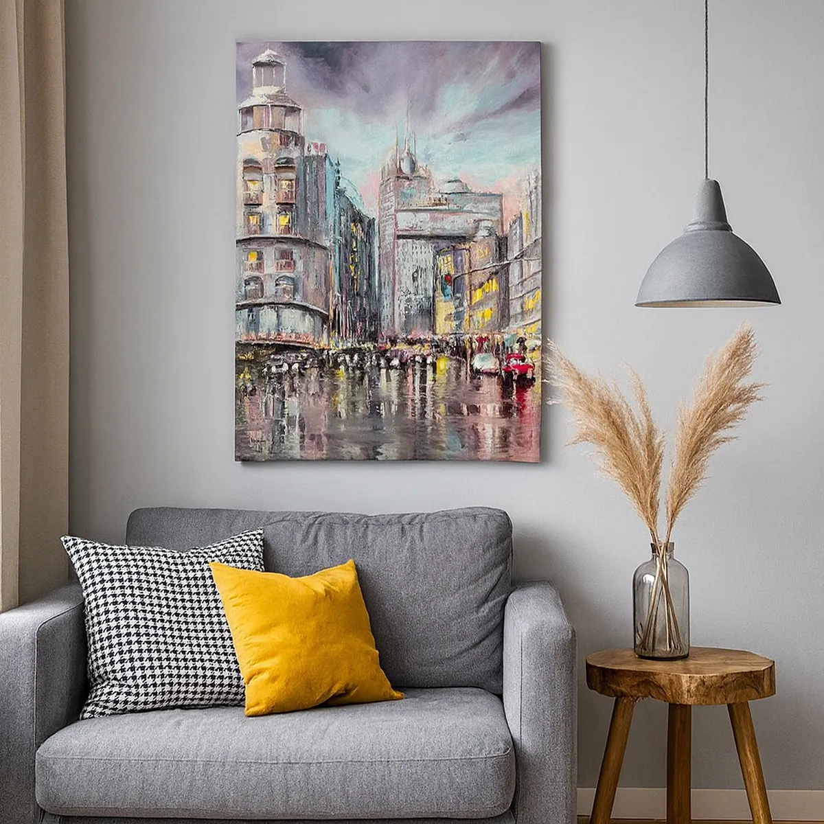 Quadro su tela - Stampe su Tela - Vista serale della città con riflessi sulla strada bagnata - 50x70cm - Sarà una serata riuscita - Decorazione murale moderna per soggiorno e camera da letto ARTTOR