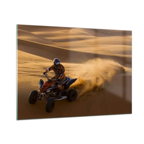 Quadro su vetro - ATV in azione nel deserto al tramonto - 100x70cm - Sulle onde della sabbia - Decorazione murale moderna per soggiorno e camera da letto ARTTOR
