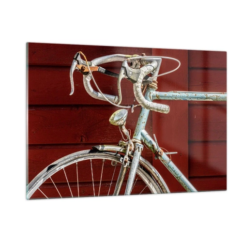 Quadro su vetro - Una vecchia bici da strada degli anni '70 contro un muro di legno rosso - 120x80cm - Creata per la vittoria - Decorazione murale moderna per soggiorno e camera da letto ARTTOR