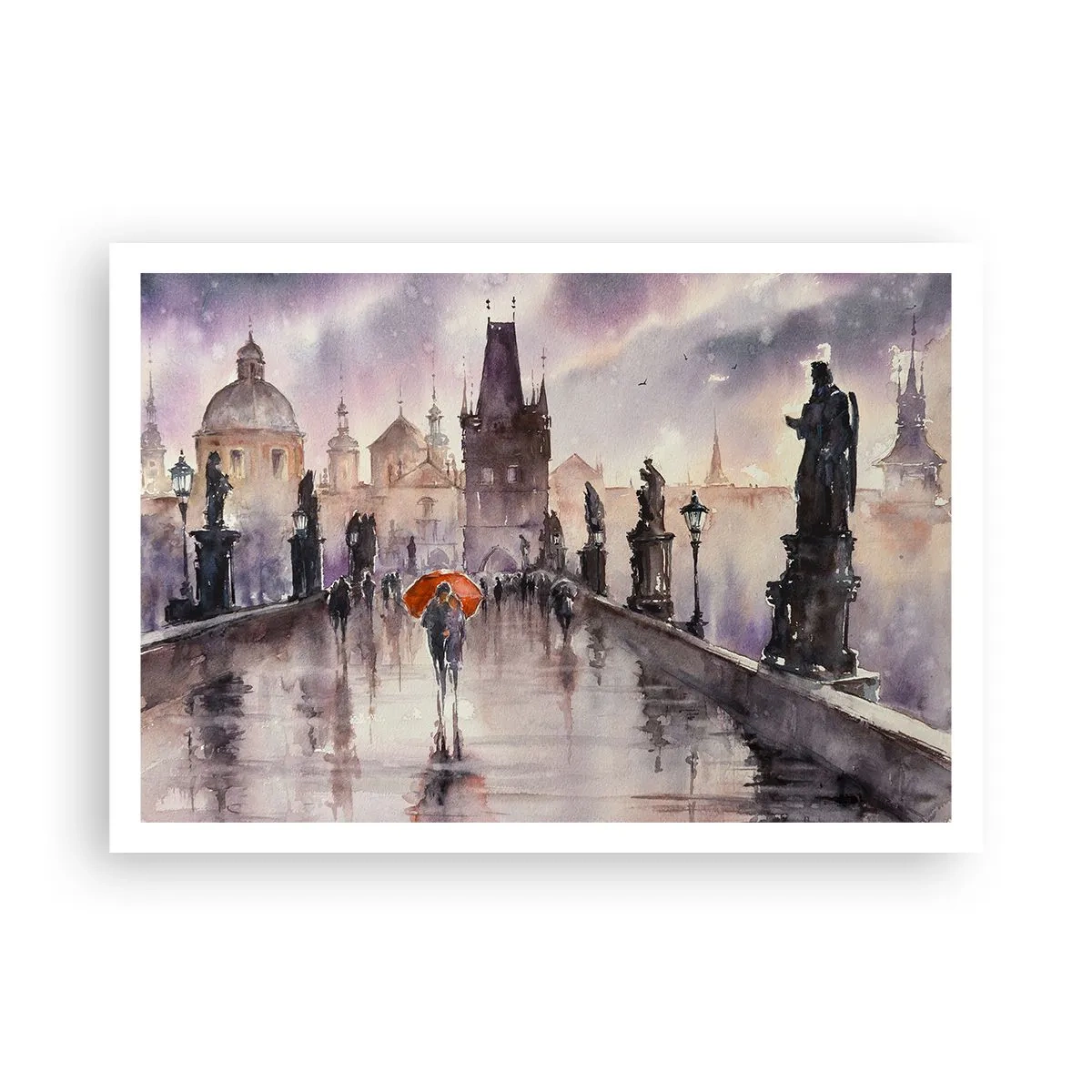 Poster - Vista romantica di un ponte con un ombrello sullo sfondo di una città serale - 100x70cm - Le persone non cambiano - Decorazione murale moderna per soggiorno e camera da letto ARTTOR