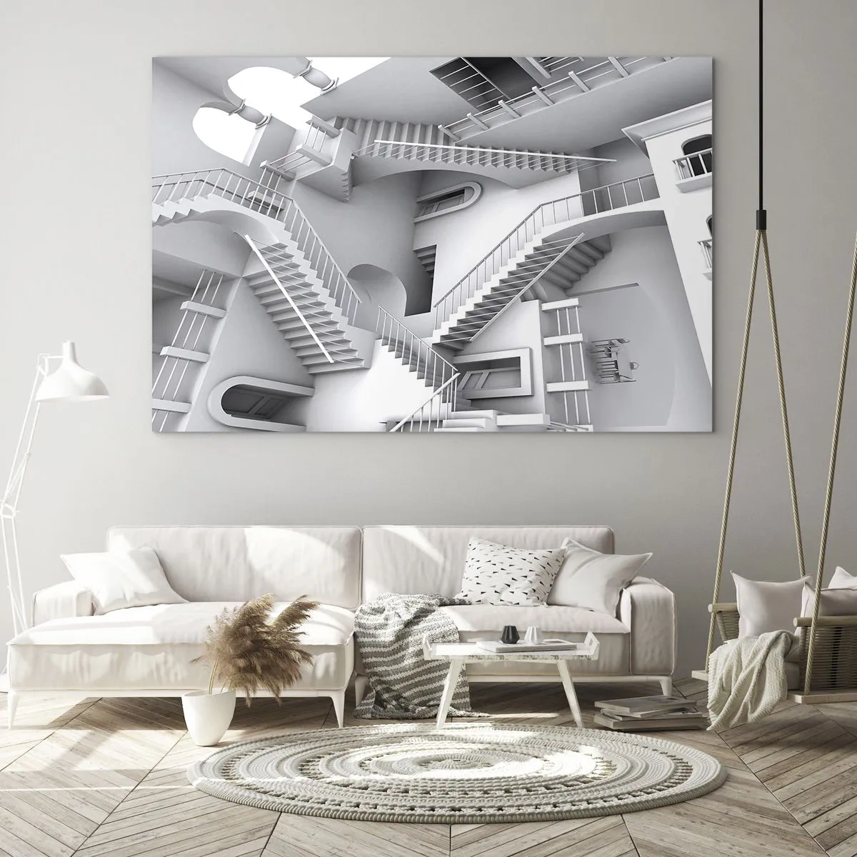 Quadro su vetro - Un labirinto di scale in uno spazio surreale - 100x70cm - Il paradosso dello spazio - Decorazione murale moderna per soggiorno e camera da letto ARTTOR