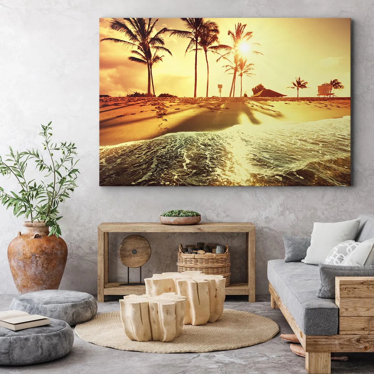 Quadro su tela - Stampe su Tela - Una spiaggia con palme illuminata da un caldo tramonto - 70x50cm - Pomeriggio in California - Decorazione murale moderna per soggiorno e camera da letto ARTTOR