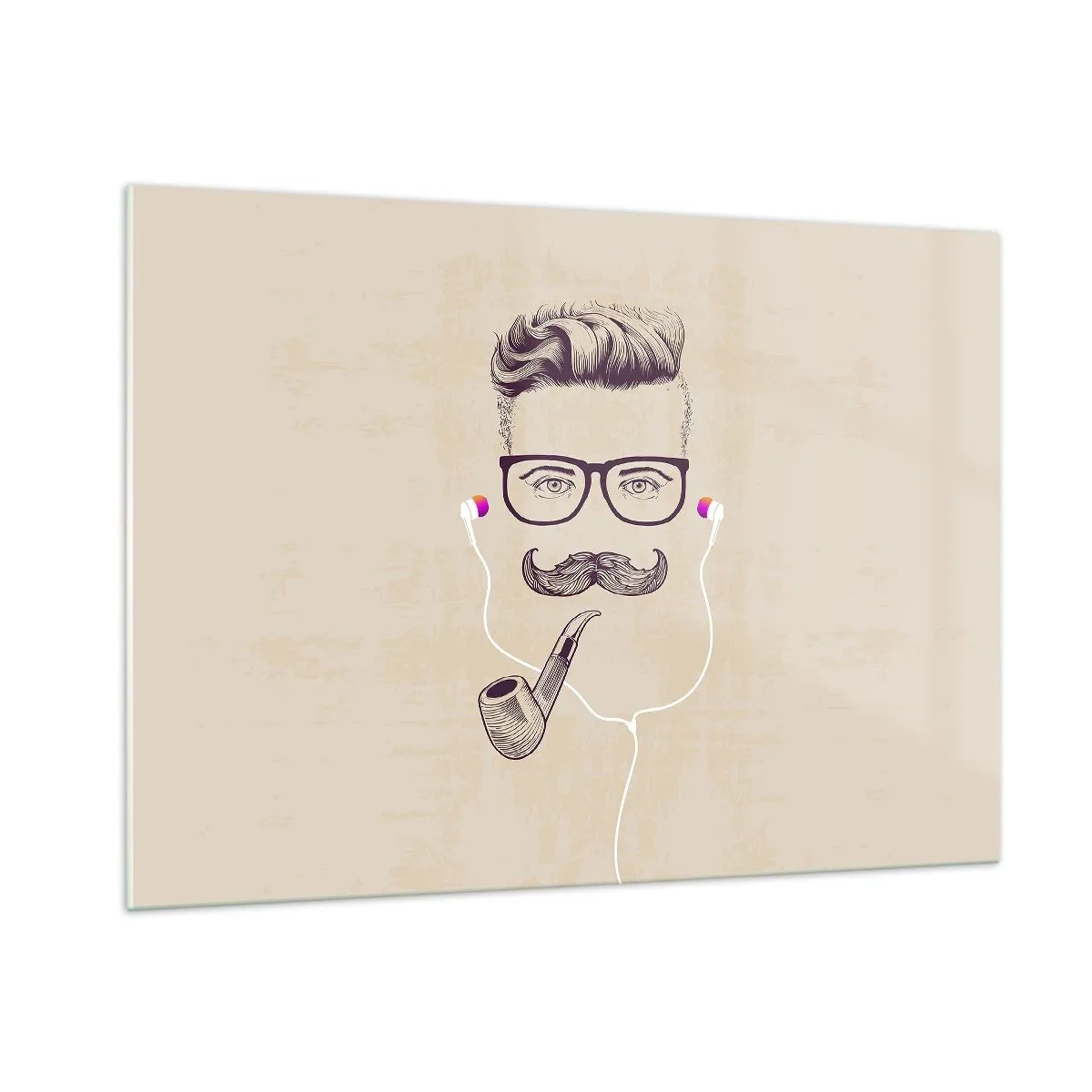 Quadro su vetro - Disegno di un uomo stilizzato con occhiali, baffi e pipa. - 100x70cm - Un vero uomo? - Decorazione murale moderna per soggiorno e camera da letto ARTTOR