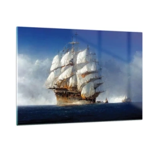 Quadro su vetro - Una nave a vela in alto mare in mezzo alla nebbia marina - 120x80cm - The great glory! - Decorazione murale moderna per soggiorno e camera da letto ARTTOR