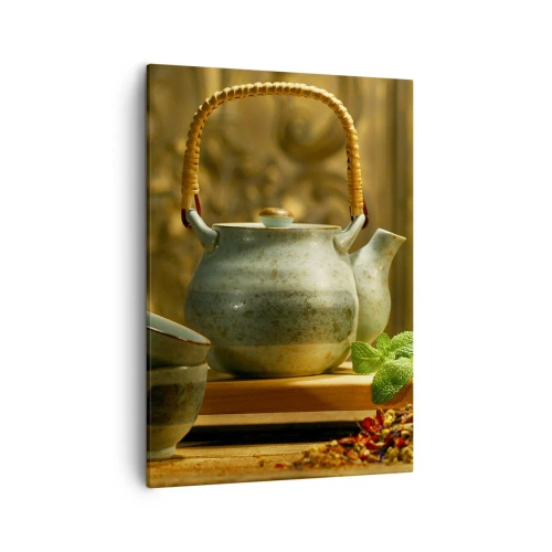 Quadro su tela - Stampe su Tela - Brocca in ceramica con tazze e tè essiccato - 50x70cm - Trattato sul tè - Decorazione murale moderna per soggiorno e camera da letto ARTTOR