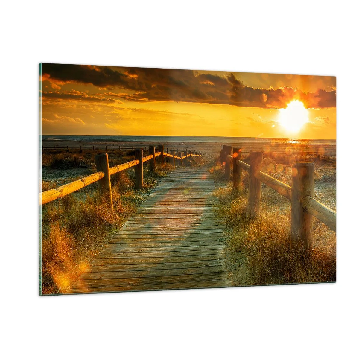Quadro su vetro - Un sentiero in legno che conduce verso il tramonto - 120x80cm - Immerse nell'oro vecchio - Decorazione murale moderna per soggiorno e camera da letto ARTTOR