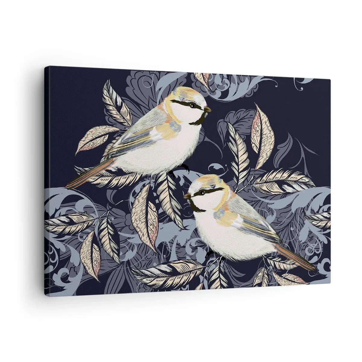 Quadro su tela - Stampe su Tela - Uccelli sui rami in uno sfondo ornamentale - 70x50cm - Cinguettio oro e blu - Decorazione murale moderna per soggiorno e camera da letto ARTTOR