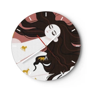 Orologio da parete - Orologio in Vetro - Donna sognante con capelli lunghi e cavalli dorati in stile illustrativo - 30x30cm - Il sogno del cavallo d'oro - Decorazione murale moderna per soggiorno, cucina e camera da letto ARTTOR
