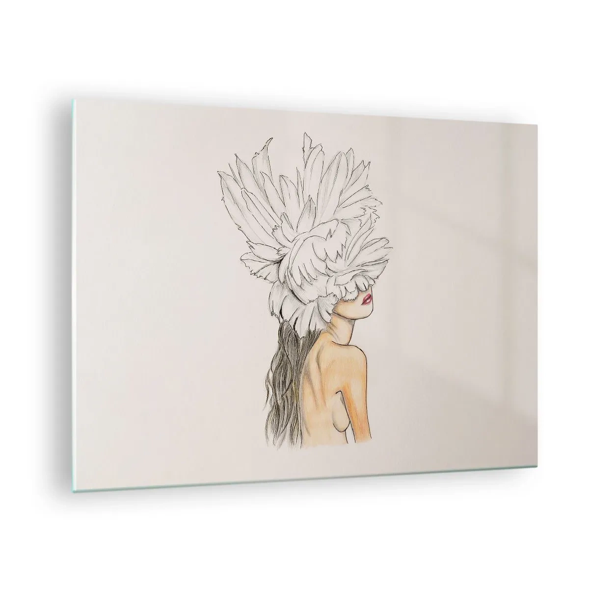 Quadro su vetro - Un disegno di una donna con i capelli lunghi e una corona di grandi piume - 70x50cm - Bellezza coronata - Decorazione murale moderna per soggiorno e camera da letto ARTTOR