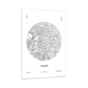 Quadro su vetro - Una mappa minimalista di Madrid in bianco e nero, di forma circolare. - 50x70cm - Anatomia di Madrid - Decorazione murale moderna per soggiorno e camera da letto ARTTOR