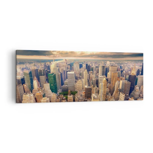 Quadro su tela - Stampe su Tela - Panorama della città con vista sui grattacieli al tramonto - 140x50cm - Metropolis dorata - Decorazione murale moderna per soggiorno e camera da letto ARTTOR