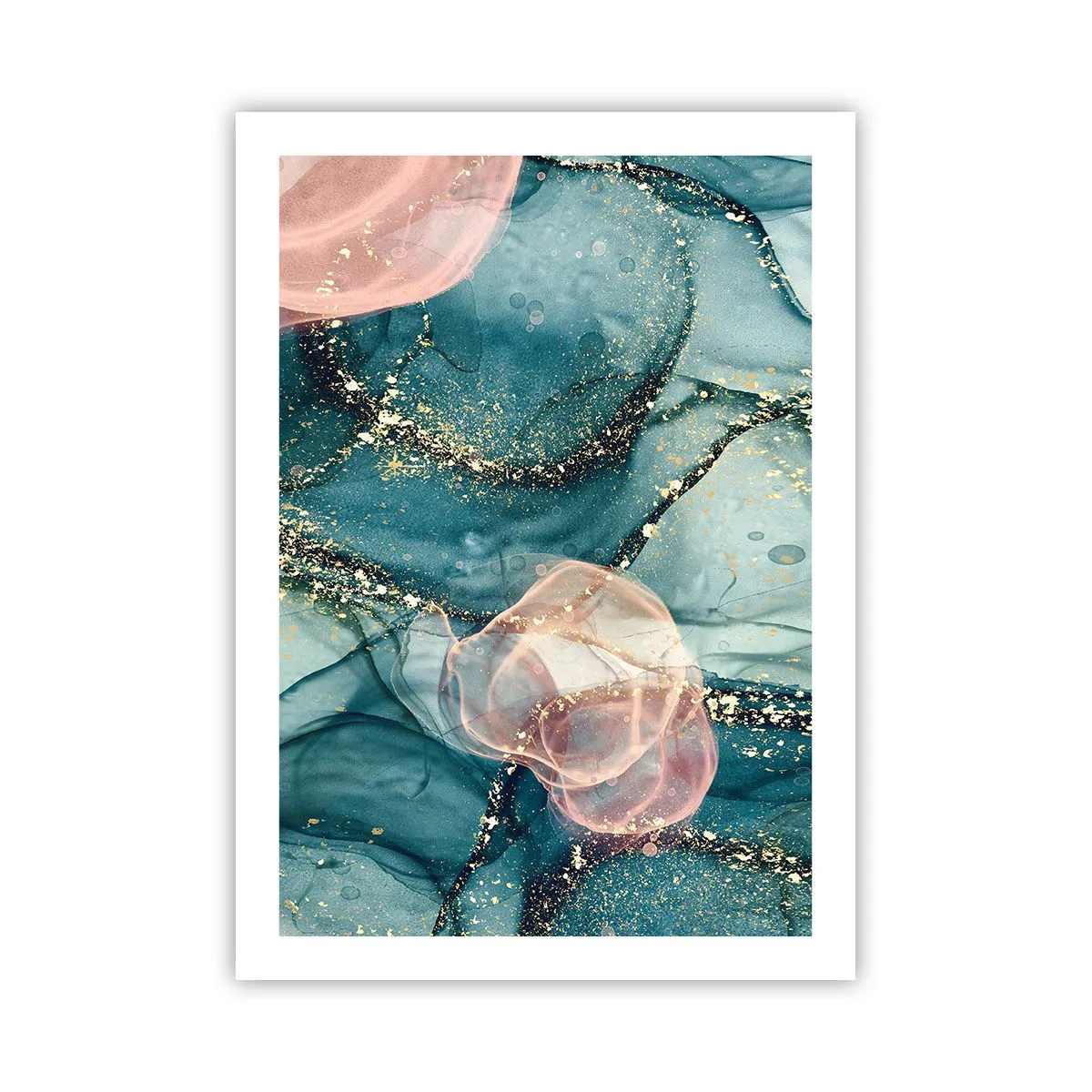 Poster - Una composizione astratta nei toni del turchese e dell'oro. - 50x70cm - Blu di seta, rosa di tulle - Decorazione murale moderna per soggiorno e camera da letto ARTTOR