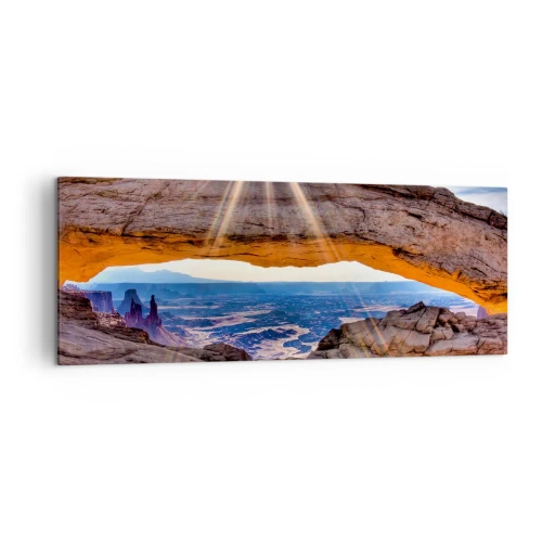 Quadro su tela - Stampe su Tela - Arco di roccia che domina il canyon all'alba - 140x50cm - Attraverso il portale di roccia - Decorazione murale moderna per soggiorno e camera da letto ARTTOR