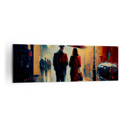 Quadro su tela - Stampe su Tela - Camminare sotto la pioggia sotto un ombrello in città di notte - 160x50cm - Love story cittadina - Decorazione murale moderna per soggiorno e camera da letto ARTTOR