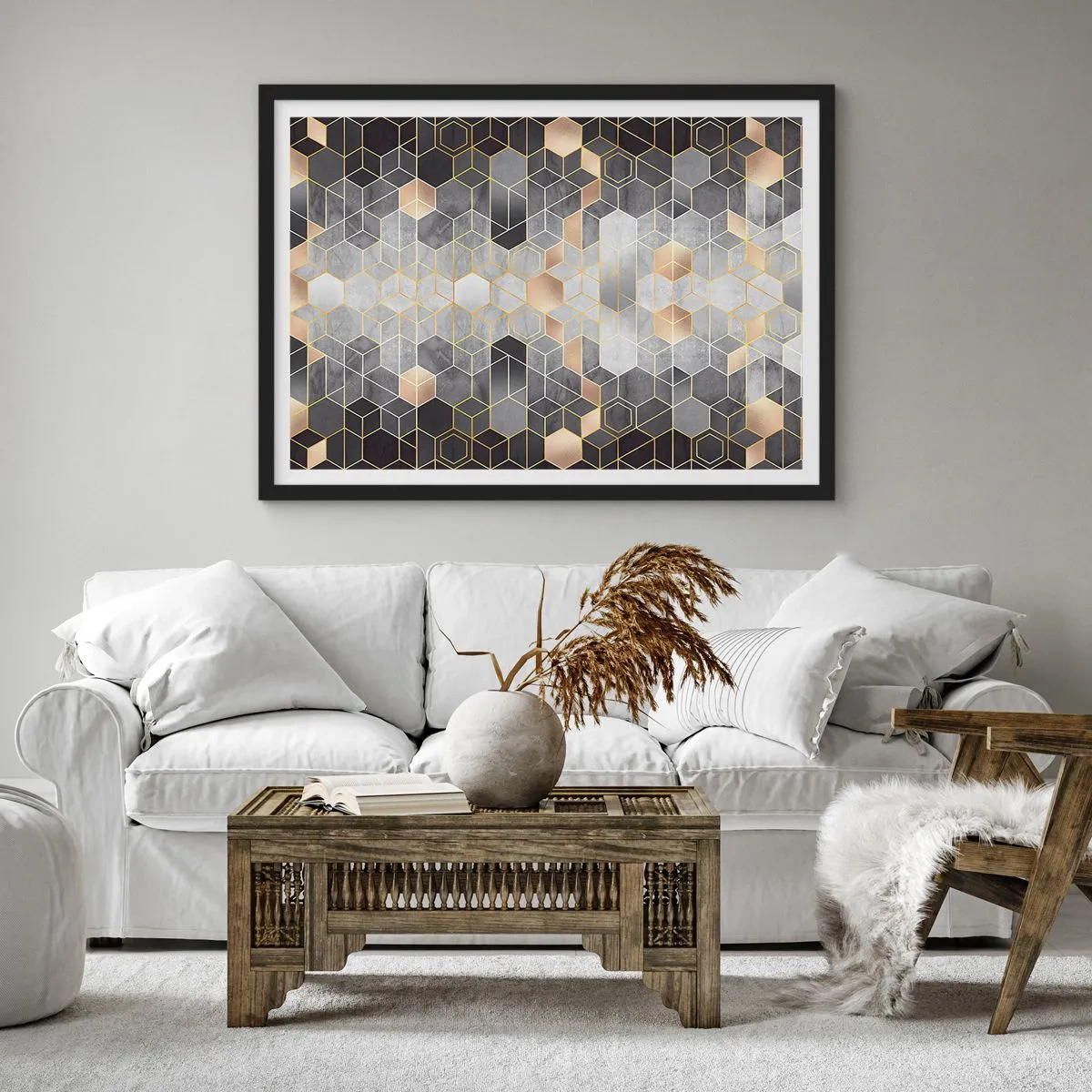 Poster in cornice nera - Motivo geometrico in tonalità dorate - 70x50cm - Composizione di diamante - Decorazione murale moderna per soggiorno e camera da letto ARTTOR