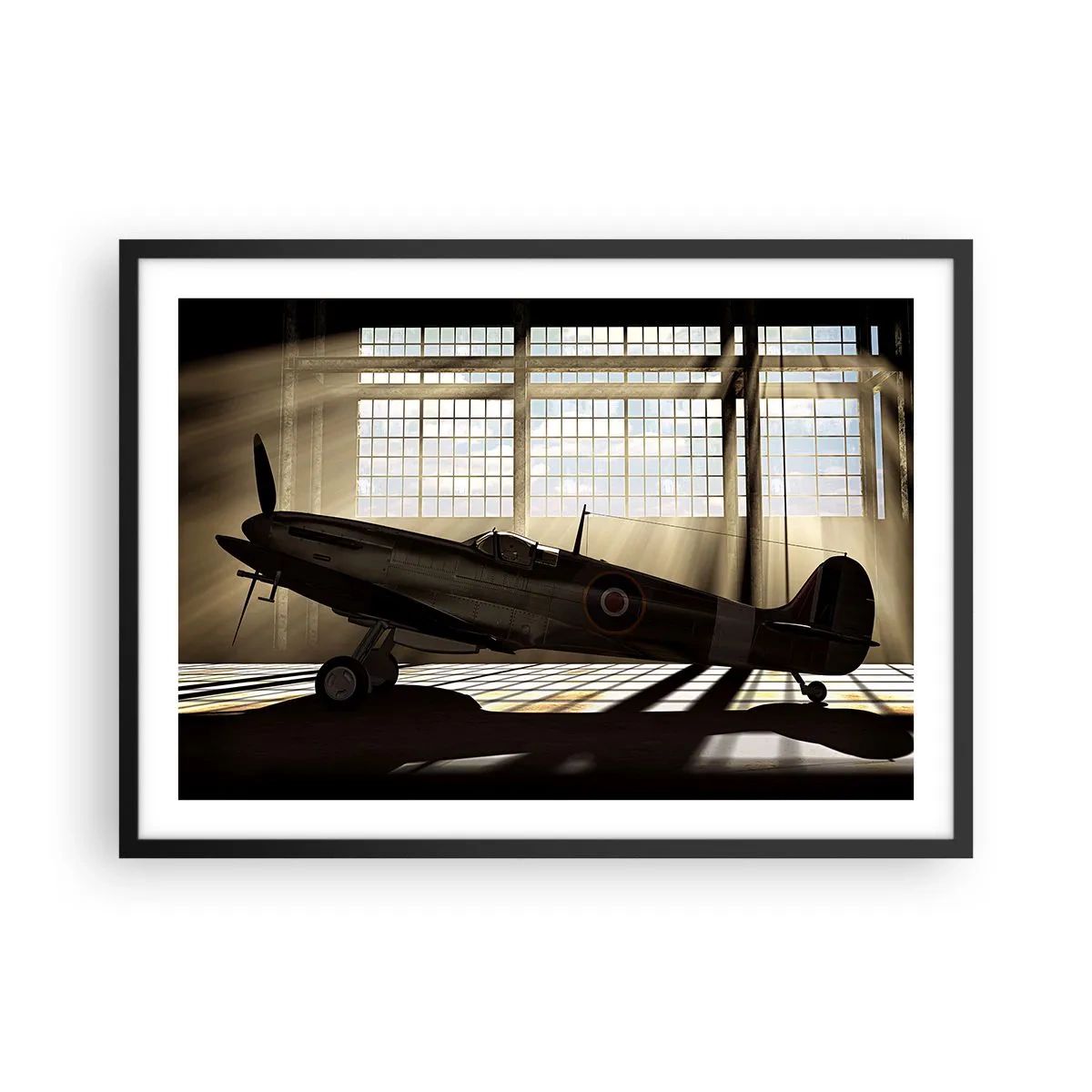 Poster in cornice nera - Un aereo storico in un hangar illuminato dalla luce del sole - 70x50cm - Il riposo del guerriero - Decorazione murale moderna per soggiorno e camera da letto ARTTOR