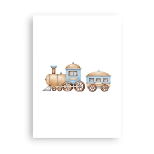Poster - Treno acquerello nei toni del blu e del beige - 50x70cm - Fermo alla stazione... - Decorazione murale moderna per soggiorno e camera da letto ARTTOR