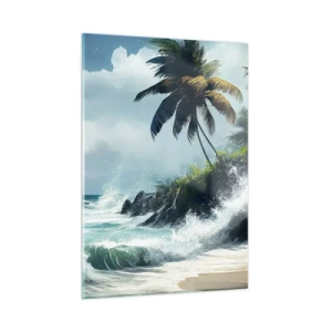 Quadro su vetro - Onde che si infrangono contro le rocce vicino alle palme su una spiaggia tropicale - 50x70cm - Sulla riva tropicale - Decorazione murale moderna per soggiorno e camera da letto ARTTOR