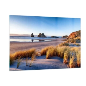 Quadro su vetro - Una spiaggia all'alba con erba e rocce sullo sfondo e un mare calmo - 120x80cm - Per i cercatori di pace - Decorazione murale moderna per soggiorno e camera da letto ARTTOR