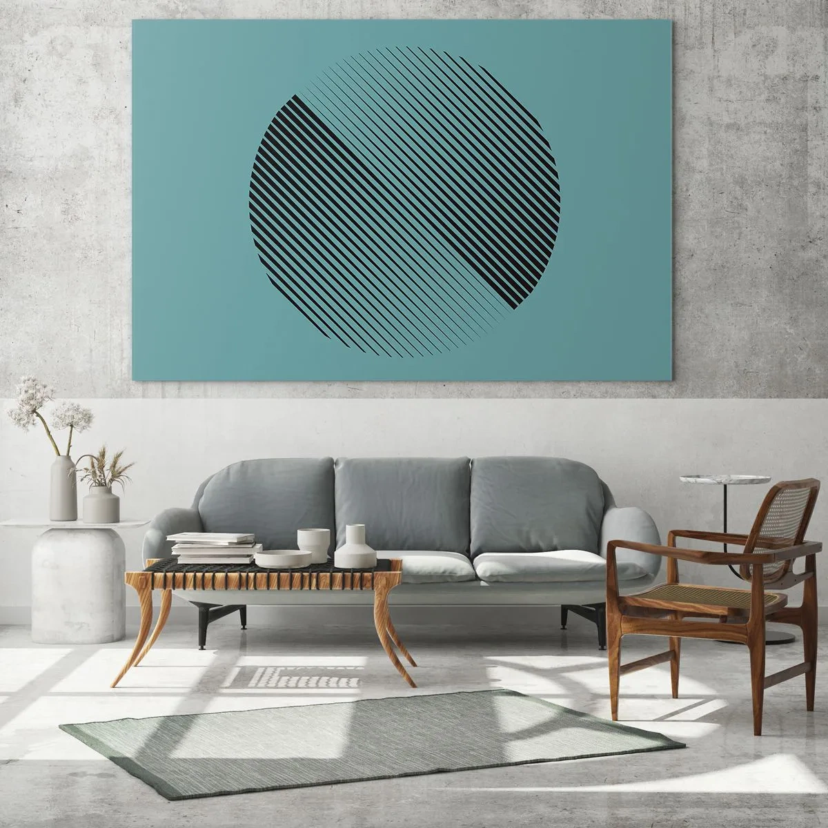 Quadro su vetro - Linee nere che formano un cerchio su uno sfondo turchese - 100x70cm - Cerchio: variazione geometrica - Decorazione murale moderna per soggiorno e camera da letto ARTTOR