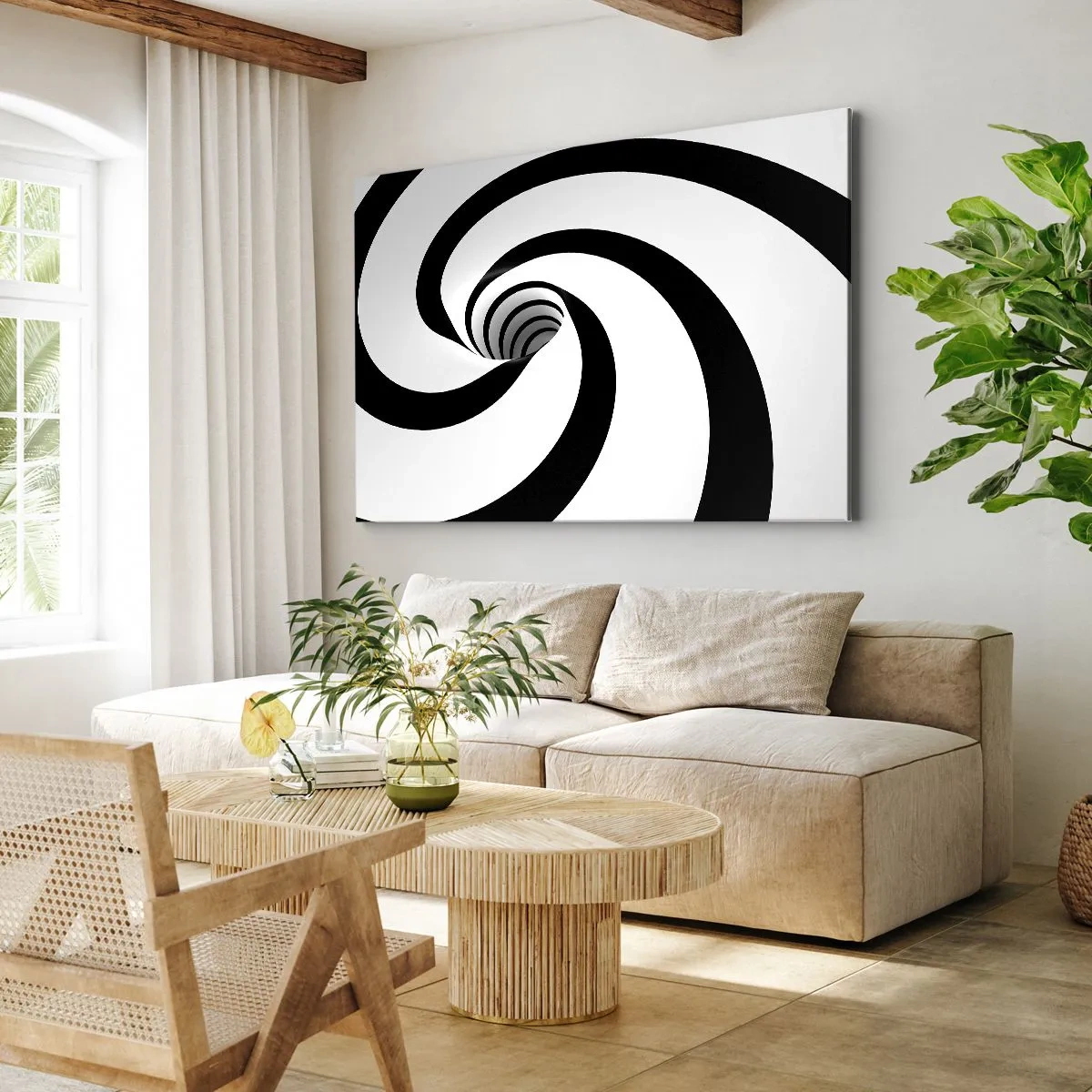 Quadro su tela - Stampe su Tela - Spirale astratta in bianco e nero con effetto vortice - 120x80cm - Lasciarsi andare al vortice? - Decorazione murale moderna per soggiorno e camera da letto ARTTOR