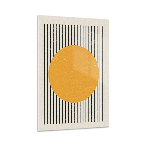 Quadro su vetro - Un cerchio giallo su uno sfondo di linee orizzontali bianche e nere - 70x100cm - La forza della semplicità - Decorazione murale moderna per soggiorno e camera da letto ARTTOR