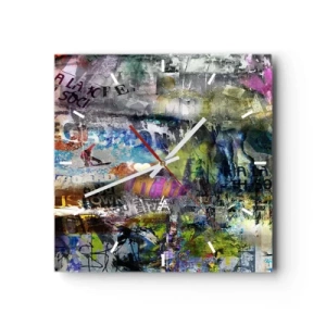 Orologio da parete - Orologio in Vetro - Collage astratto con testo e vari colori - 30x30cm - Collage di ricordi - Decorazione murale moderna per soggiorno e camera da letto ARTTOR