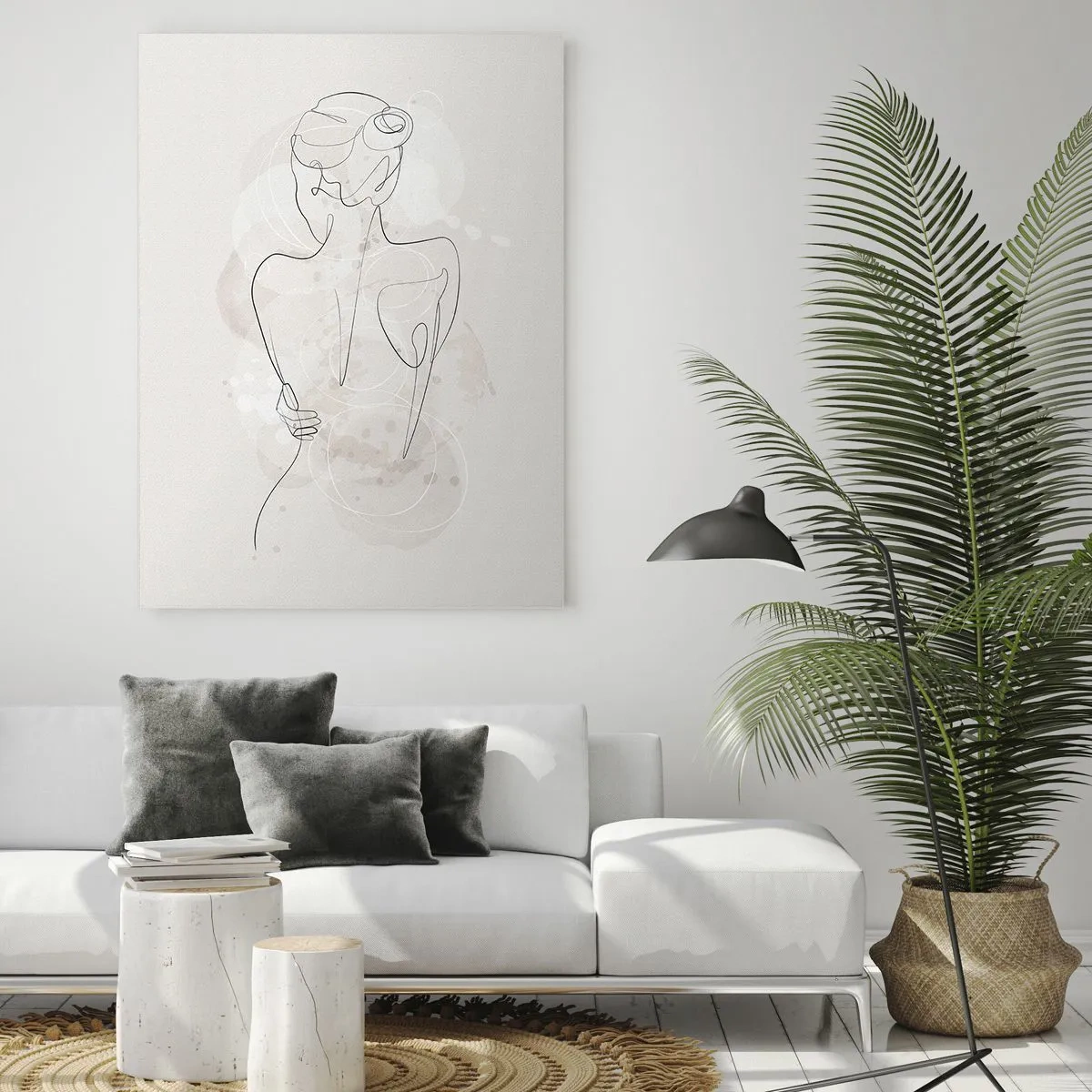 Quadro su vetro - Uno schizzo minimalista di una silhouette femminile su uno sfondo chiaro. - 70x100cm - Come uno strumento delicato - Decorazione murale moderna per soggiorno e camera da letto ARTTOR